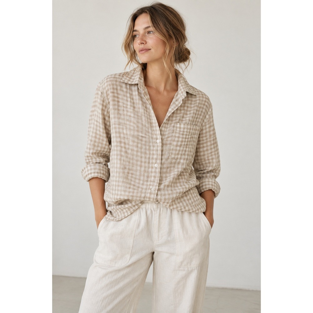 WNU With Nothing Underneath The Classic Linen Gingham Shirt Beige White- 4